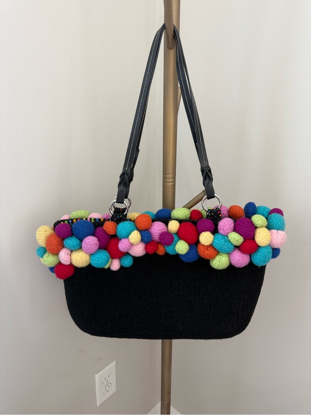 Pom-Pom Shoulder Tote Lined w Multi Interior Slip Pockets